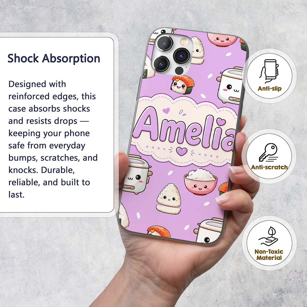Cute Kawaii Sushi Rice Cooker Bowl Printed Design Custom Name Protective Phone Case Mobile Cover Durable Everyday Smartphone Shock Resistant