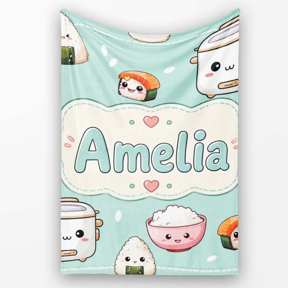 Cute Kawaii Sushi Rice Cooker Bowl Mint Green Background Seamless Personalised Custom Name Super Soft Fleece Blanket Bed Sofa Throw
