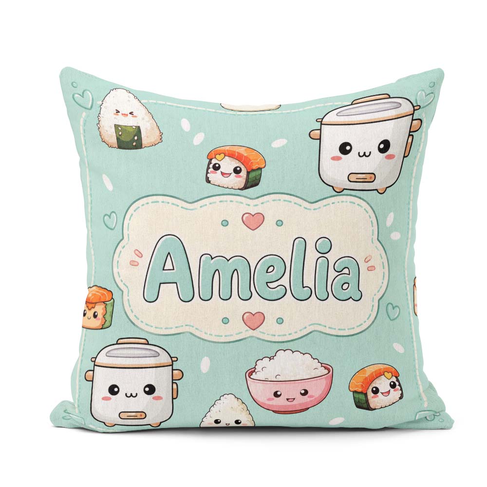 Custom Name Kawaii Sushi Rice Cooker Bowl Mint Green Background Square Filled Cushion Throw Pillow Sofa Bed Home Decor Zip Washable UK Made