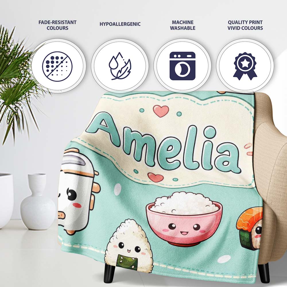 Cute Kawaii Sushi Rice Cooker Bowl Mint Green Background Seamless Personalised Custom Name Super Soft Fleece Blanket Bed Sofa Throw