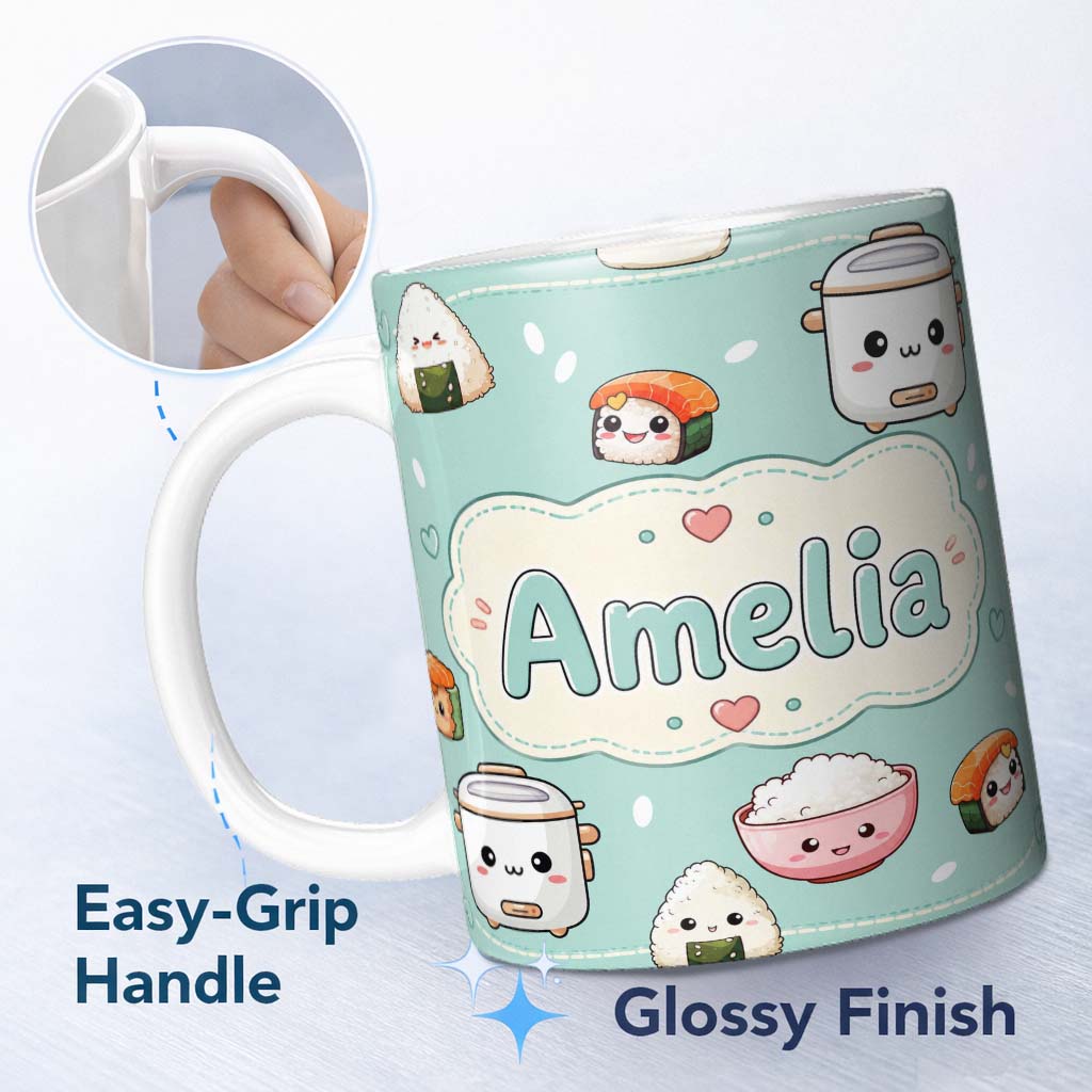Personalized Custom Name Cute Kawaii Sushi Rice Cooker Bowl Mint Green Background Seamless 11oz Ceramic Coffee Tea Mug White Large Handle