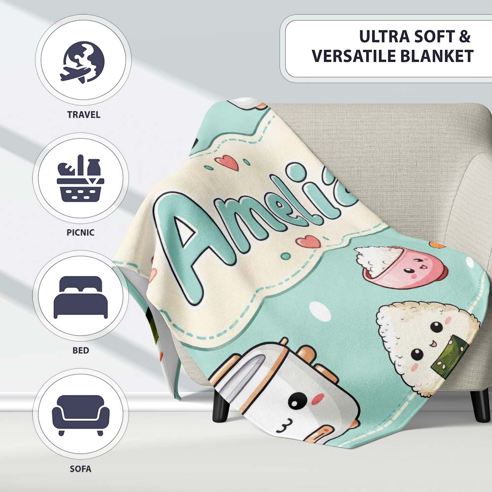 Cute Kawaii Sushi Rice Cooker Bowl Mint Green Background Seamless Personalised Custom Name Super Soft Fleece Blanket Bed Sofa Throw