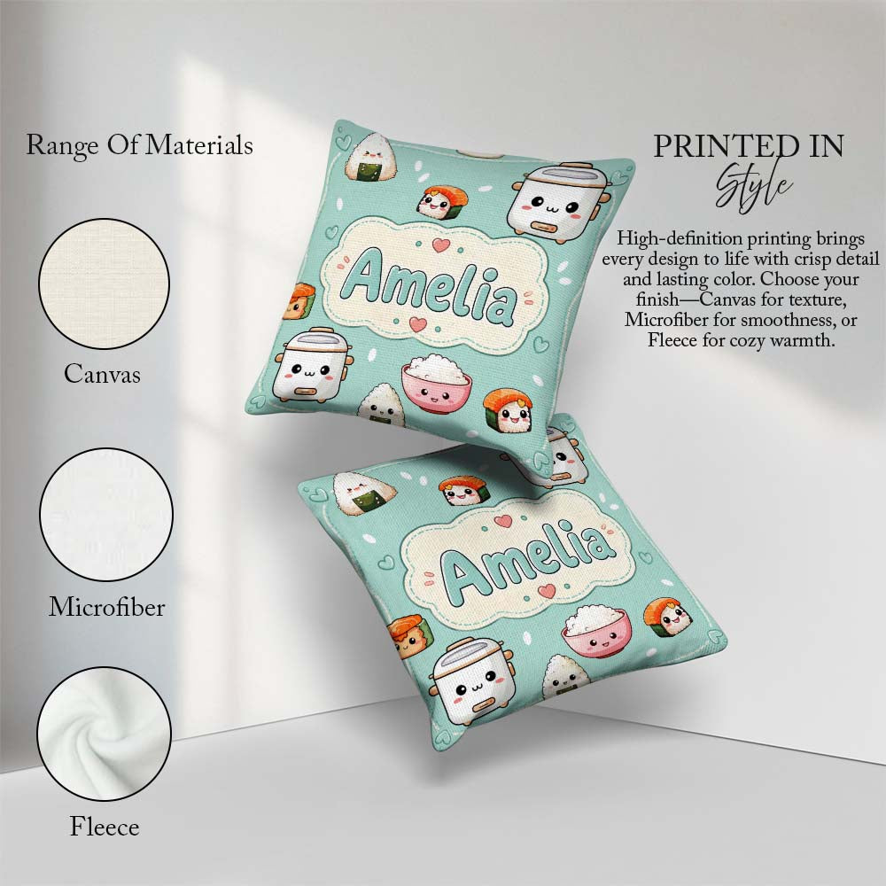 Custom Name Kawaii Sushi Rice Cooker Bowl Mint Green Background Square Filled Cushion Throw Pillow Sofa Bed Home Decor Zip Washable UK Made