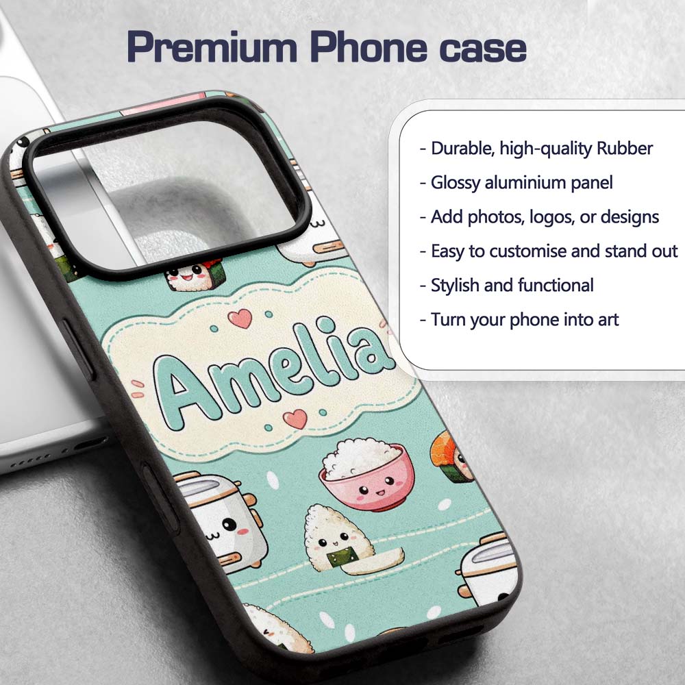 Cute Kawaii Sushi Rice Cooker Bowl Mint Green Custom Name Protective Phone Case Mobile Cover Durable Everyday Smartphone Shock Resistant