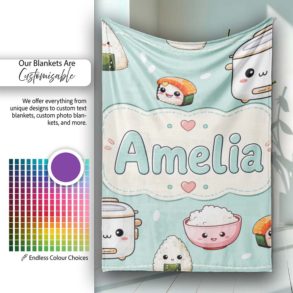 Cute Kawaii Sushi Rice Cooker Bowl Mint Green Background Seamless Personalised Custom Name Super Soft Fleece Blanket Bed Sofa Throw