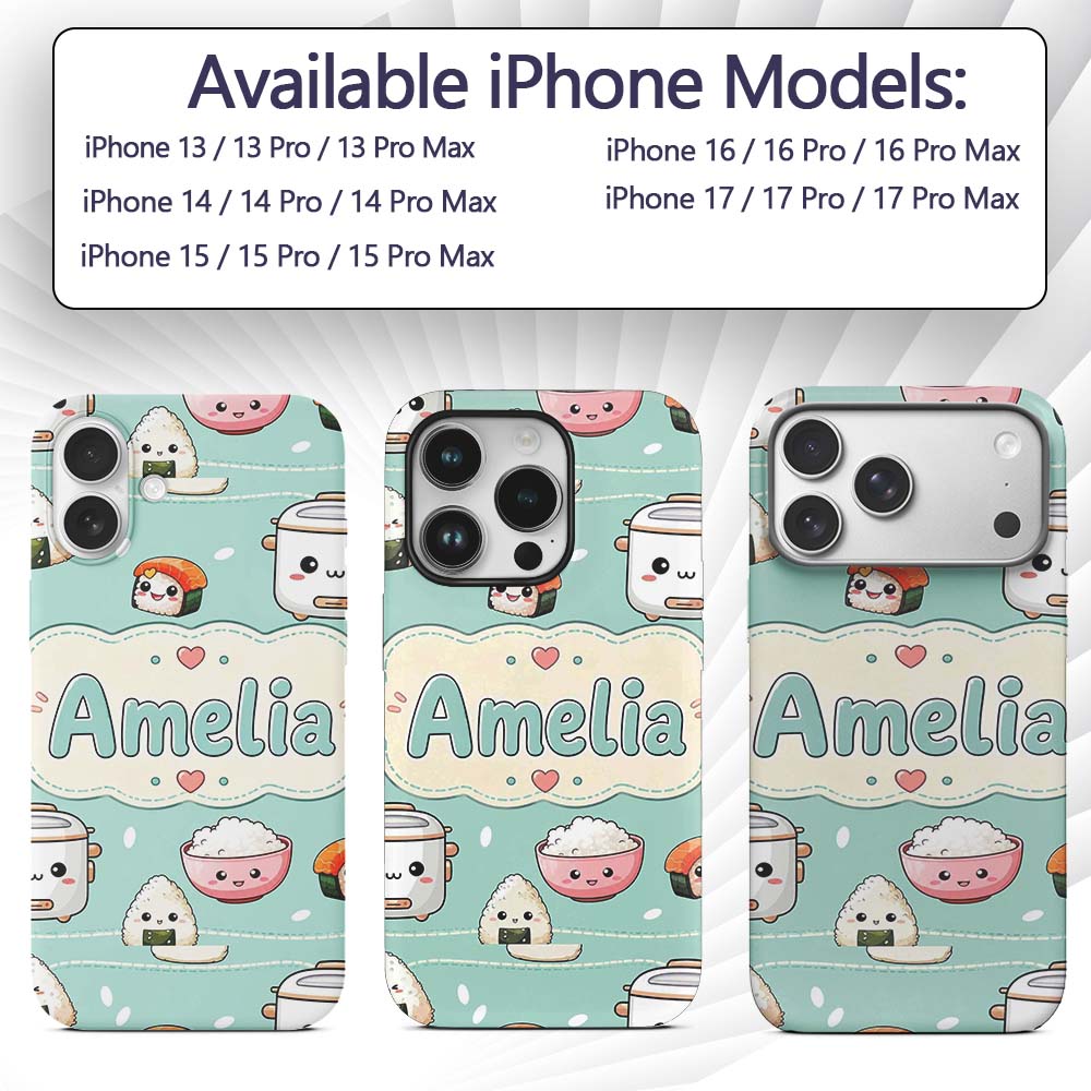 Cute Kawaii Sushi Rice Cooker Bowl Mint Green Custom Name Protective Phone Case Mobile Cover Durable Everyday Smartphone Shock Resistant