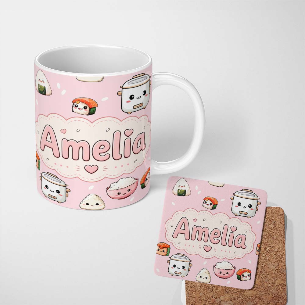 Personalized Custom Name Cute Kawaii Sushi Rice Cooker Bowl Soft Pink Background Seamless 11oz Ceramic Coffee Tea Mug White Large Handle