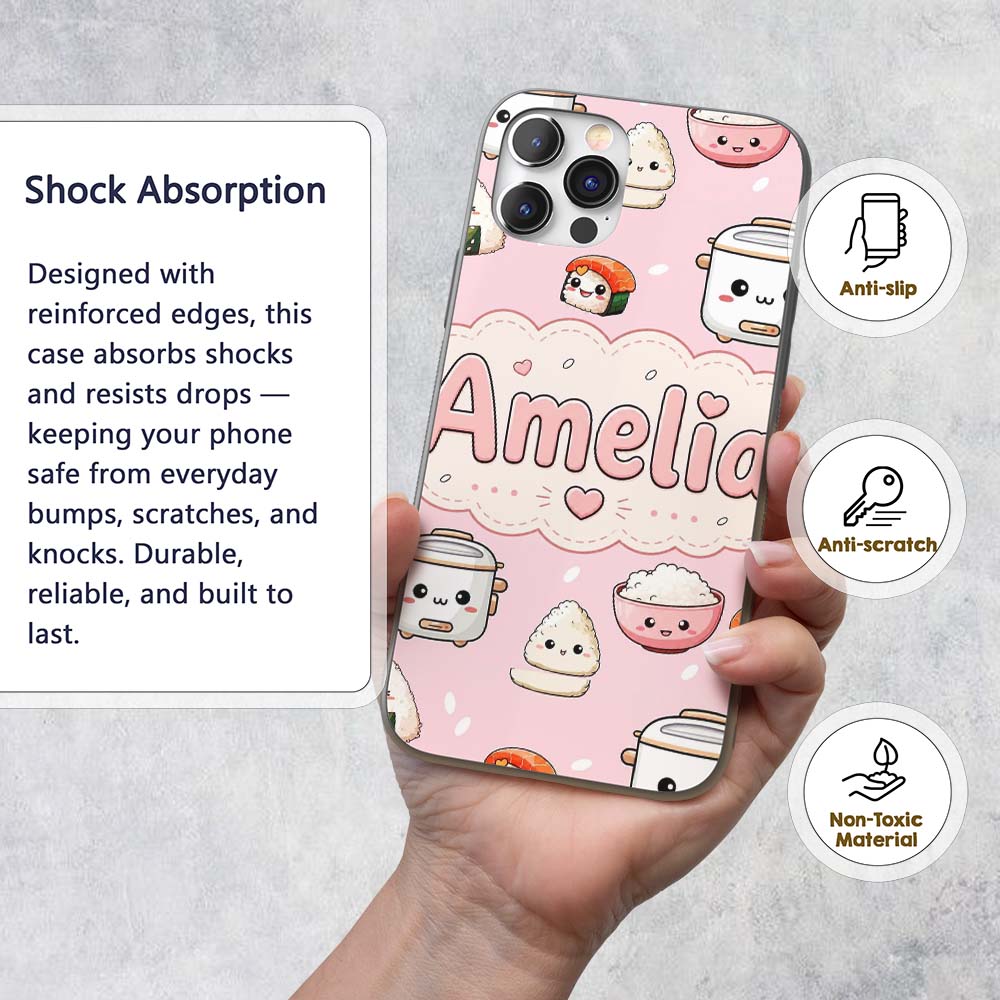 Cute Kawaii Sushi Rice Cooker Bowl Soft Pink Custom Name Protective Phone Case Mobile Cover Durable Everyday Smartphone Shock Resistant