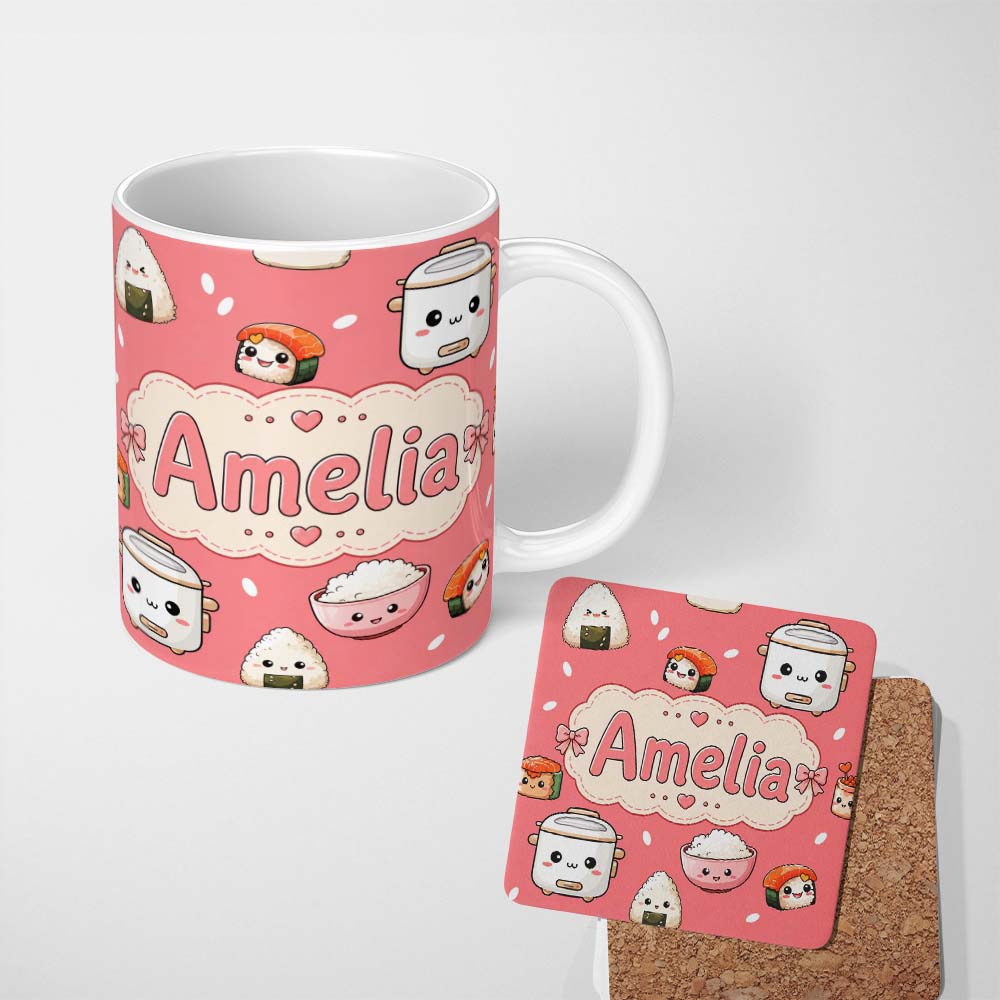 Personalized Custom Name Cute Kawaii Sushi Rice Cooker Bowl Coral Red Background Seamless 11oz Ceramic Coffee Tea Mug White Large Handle