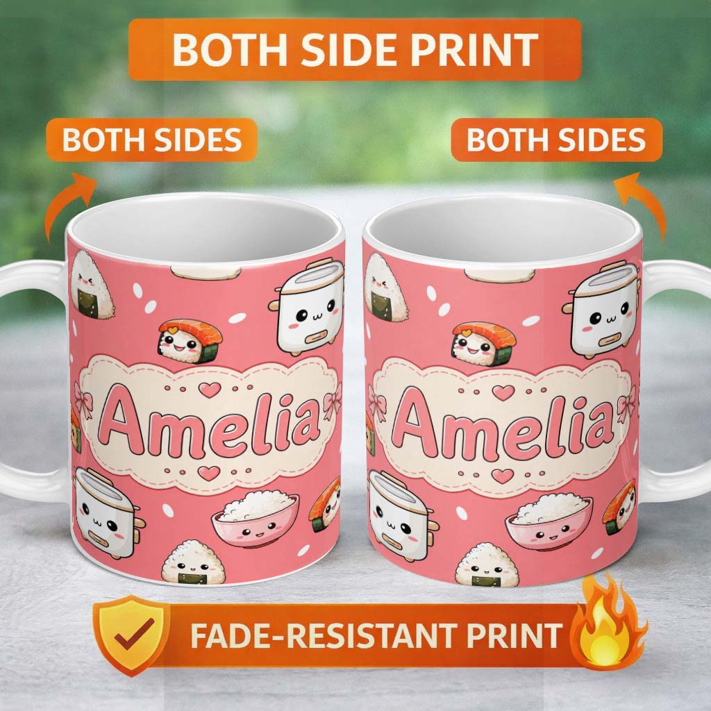 Personalized Custom Name Cute Kawaii Sushi Rice Cooker Bowl Coral Red Background Seamless 11oz Ceramic Coffee Tea Mug White Large Handle