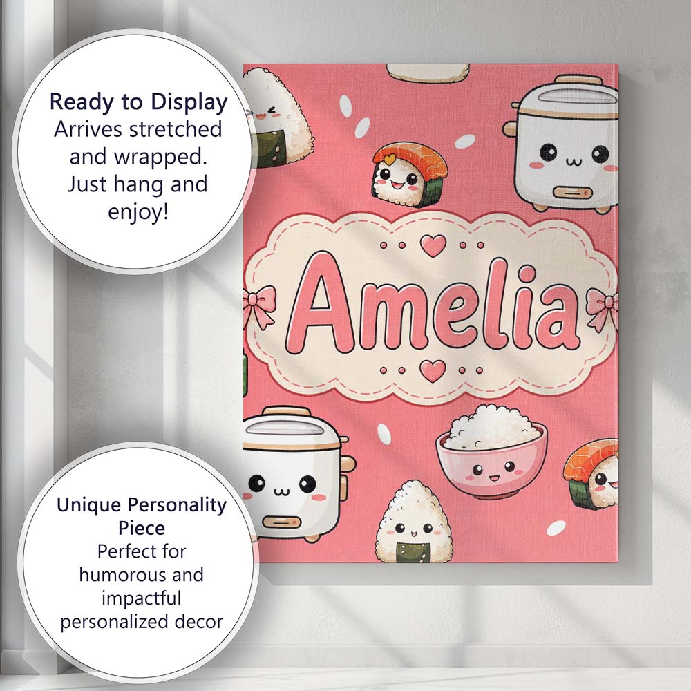 Personalised Name Cute Kawaii Sushi Rice Custom Unique Gift Idea Elegant Feature Canvas Wall Art Print Decor Picture Ready to Hang