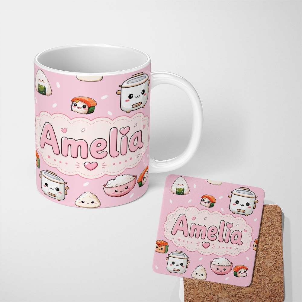 Personalized Custom Name Cute Kawaii Sushi Rice Cooker Bowl Blush Pink Background Seamless 11oz Ceramic Coffee Tea Mug White Large Handle