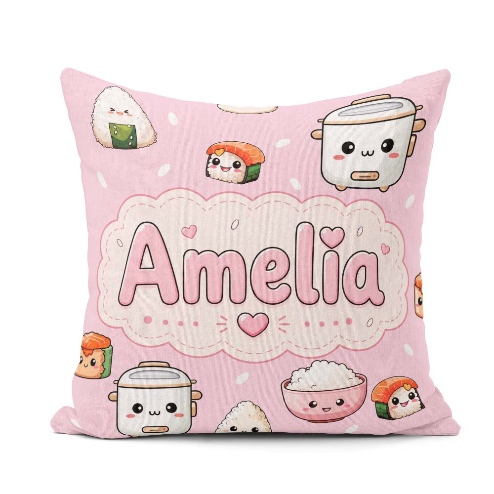 Custom Name Kawaii Sushi Rice Cooker Bowl Blush Pink Background Square Filled Cushion Throw Pillow Sofa Bed Home Decor Zip Washable UK Made
