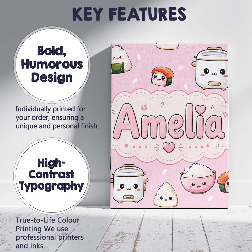 Personalised Name Cute Kawaii Sushi Rice Custom Unique Gift Idea Elegant Feature Canvas Wall Art Print Decor Picture Ready to Hang
