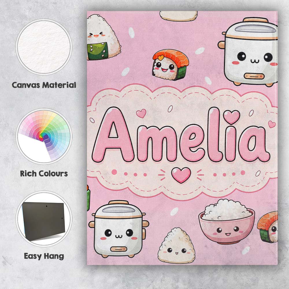 Personalised Name Cute Kawaii Sushi Rice Custom Unique Gift Idea Elegant Feature Canvas Wall Art Print Decor Picture Ready to Hang