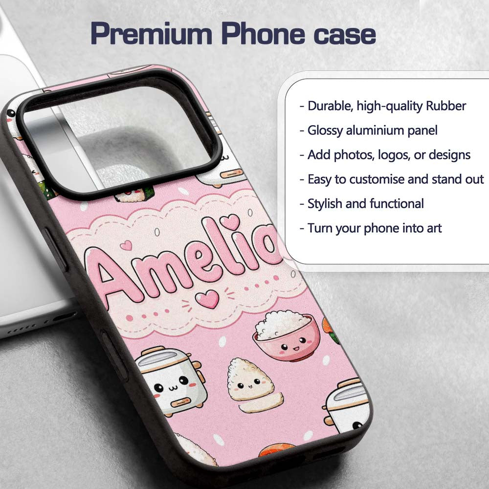 Cute Kawaii Sushi Rice Cooker Bowl Blush Pink Custom Name Protective Phone Case Mobile Cover Durable Everyday Smartphone Shock Resistant