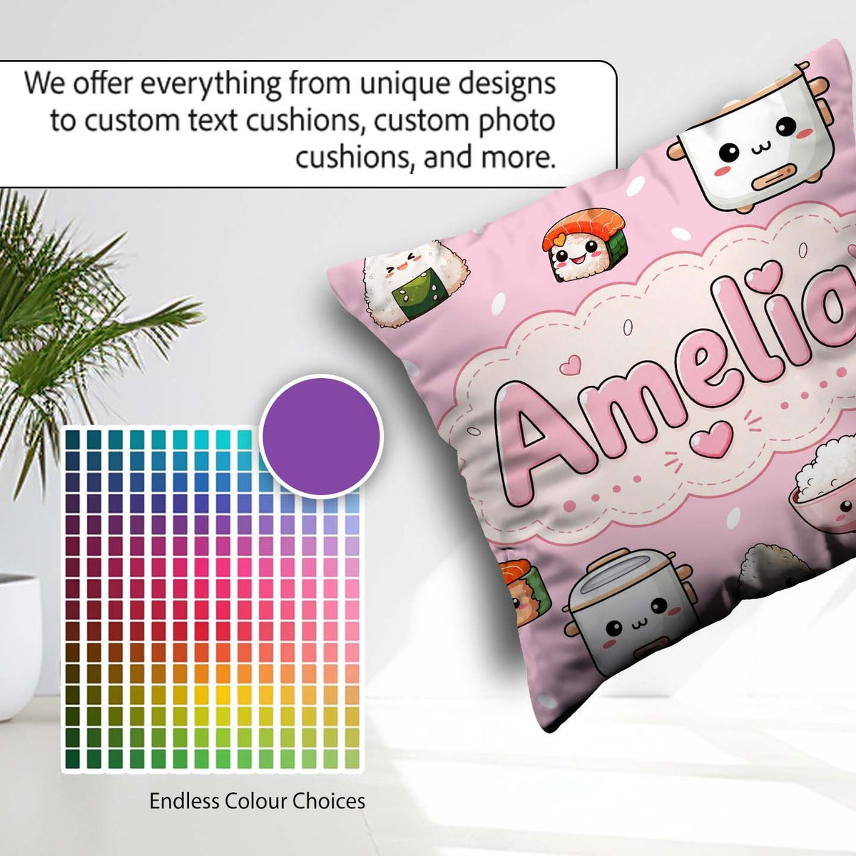Custom Name Kawaii Sushi Rice Cooker Bowl Blush Pink Background Square Filled Cushion Throw Pillow Sofa Bed Home Decor Zip Washable UK Made