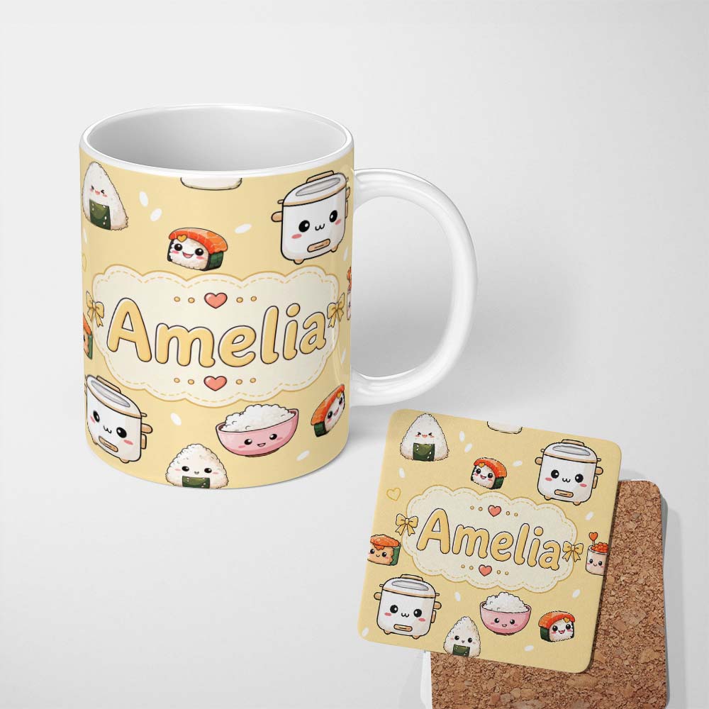Personalized Custom Name Cute Kawaii Sushi Rice Cooker Bowl Warm Beige Background Seamless 11oz Ceramic Coffee Tea Mug White Large Handle