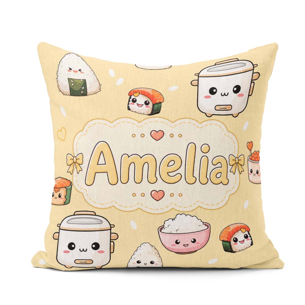 Custom Name Kawaii Sushi Rice Cooker Bowl Warm Beige Background Square Filled Cushion Throw Pillow Sofa Bed Home Decor Zip Washable UK Made
