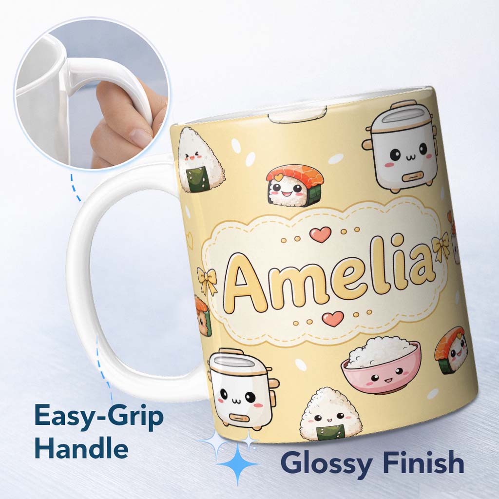 Personalized Custom Name Cute Kawaii Sushi Rice Cooker Bowl Warm Beige Background Seamless 11oz Ceramic Coffee Tea Mug White Large Handle
