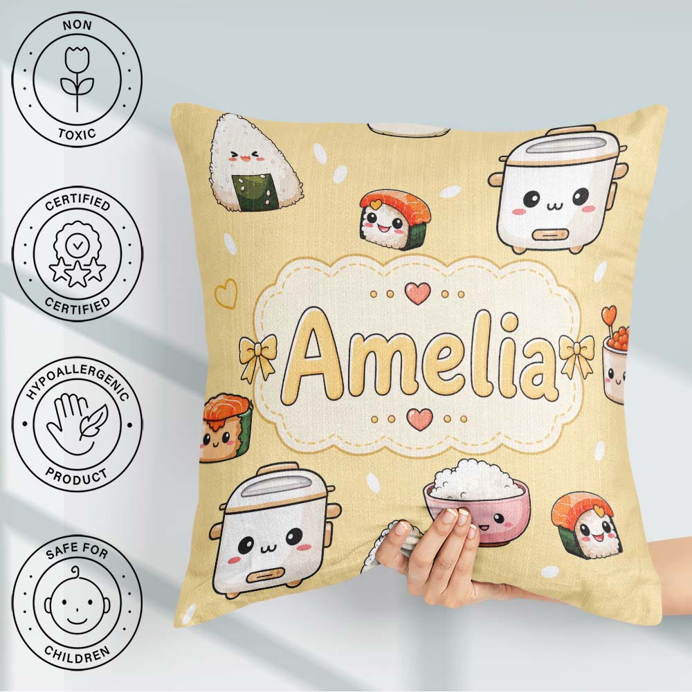 Custom Name Kawaii Sushi Rice Cooker Bowl Warm Beige Background Square Filled Cushion Throw Pillow Sofa Bed Home Decor Zip Washable UK Made