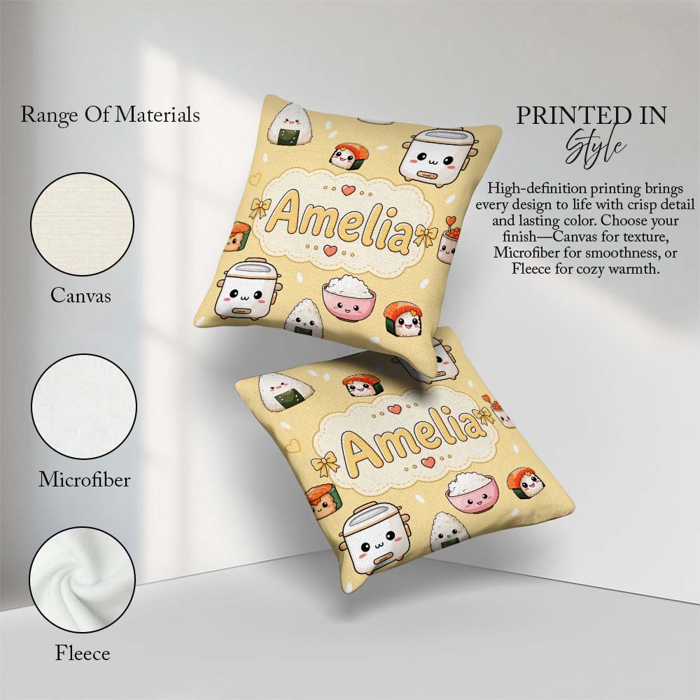 Custom Name Kawaii Sushi Rice Cooker Bowl Warm Beige Background Square Filled Cushion Throw Pillow Sofa Bed Home Decor Zip Washable UK Made