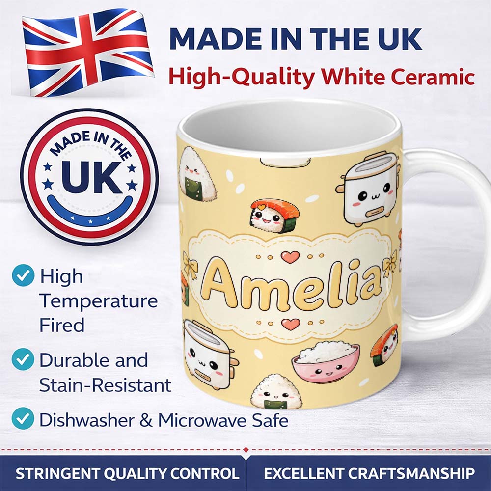 Personalized Custom Name Cute Kawaii Sushi Rice Cooker Bowl Warm Beige Background Seamless 11oz Ceramic Coffee Tea Mug White Large Handle