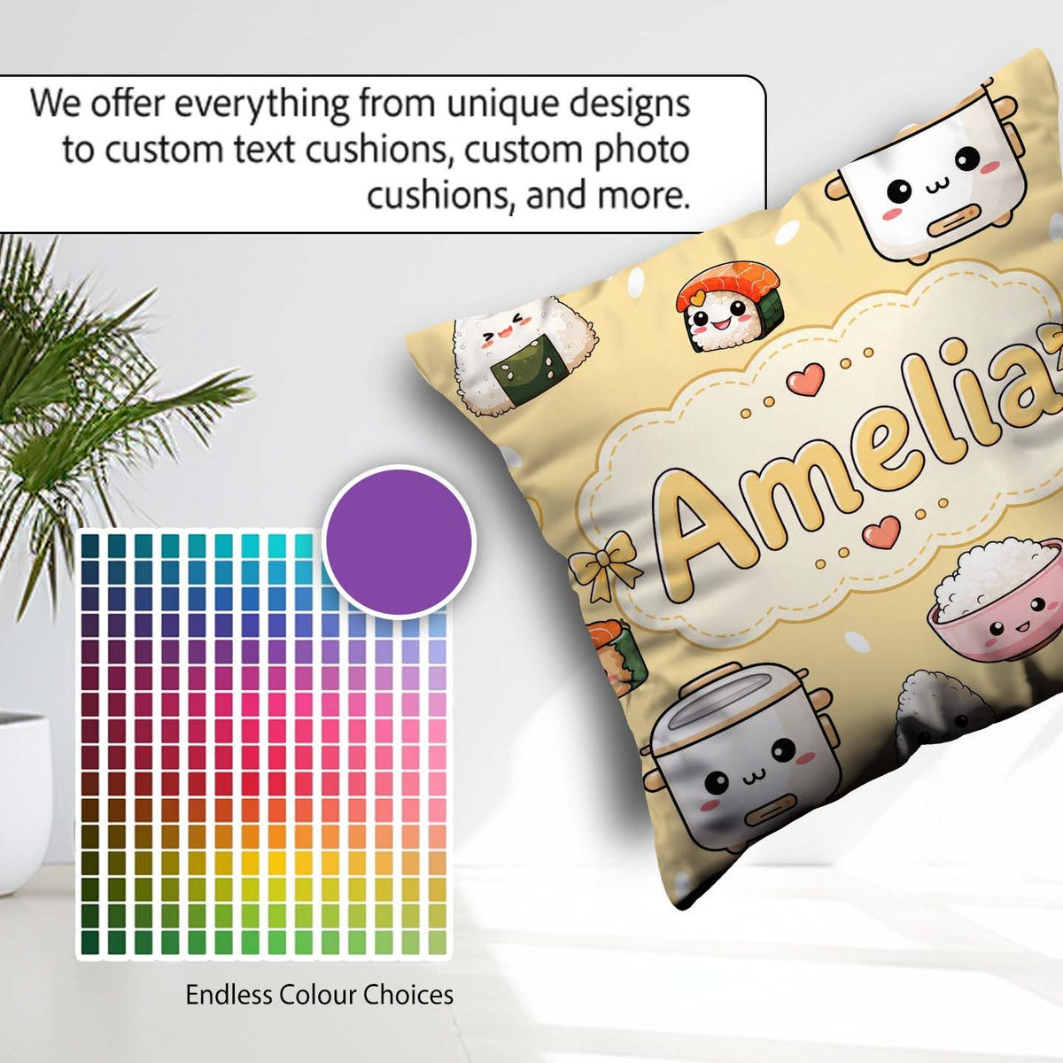 Custom Name Kawaii Sushi Rice Cooker Bowl Warm Beige Background Square Filled Cushion Throw Pillow Sofa Bed Home Decor Zip Washable UK Made