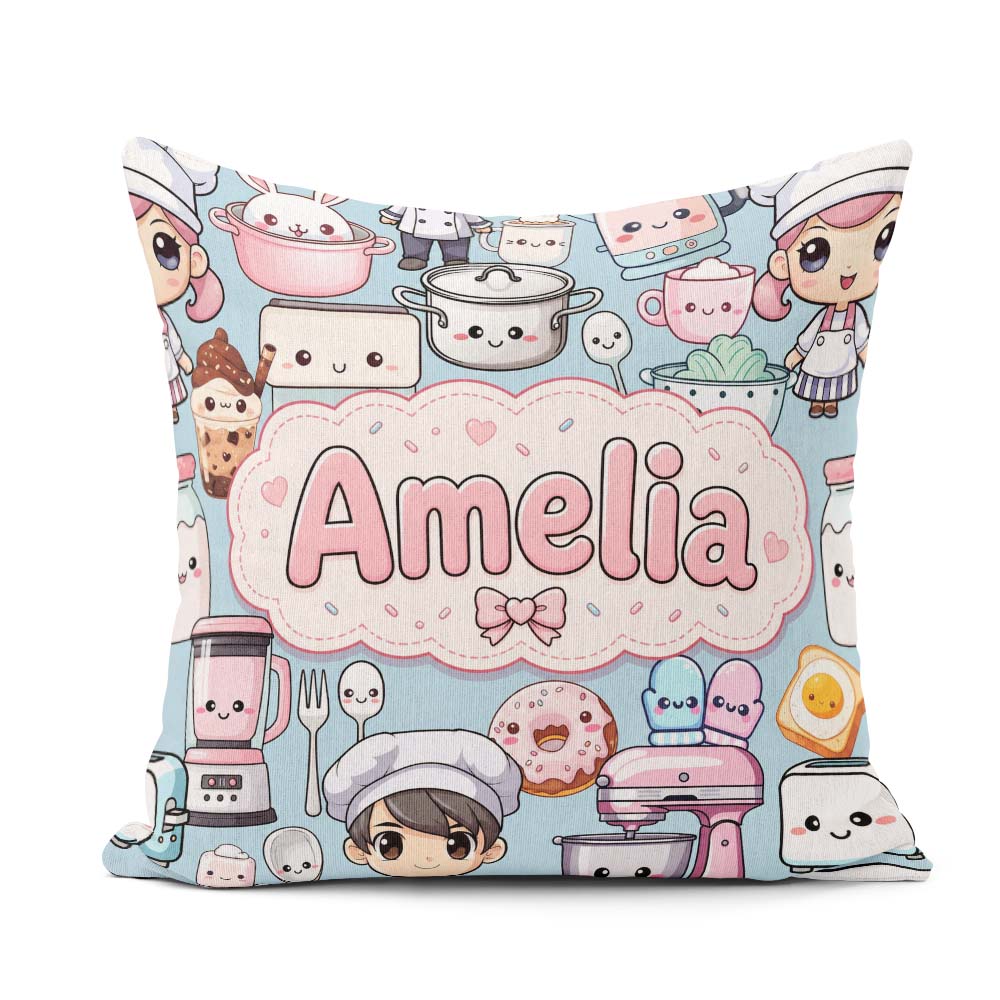 Custom Name Kawaii Baking Girl Mixer Utensils Blue Background Square Filled Cushion Throw Pillow Sofa Bed Home Decor Zip Washable UK Made