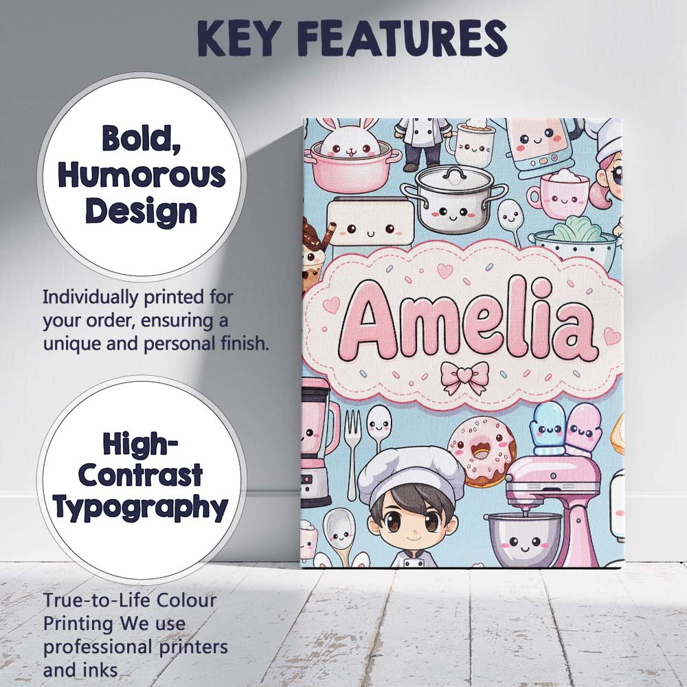 Personalised Name Cute Kawaii Baking Girl Custom Unique Gift Idea Elegant Feature Canvas Wall Art Print Decor Picture Ready to Hang