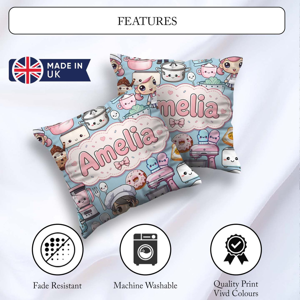 Custom Name Kawaii Baking Girl Mixer Utensils Blue Background Square Filled Cushion Throw Pillow Sofa Bed Home Decor Zip Washable UK Made