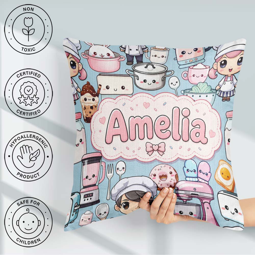 Custom Name Kawaii Baking Girl Mixer Utensils Blue Background Square Filled Cushion Throw Pillow Sofa Bed Home Decor Zip Washable UK Made