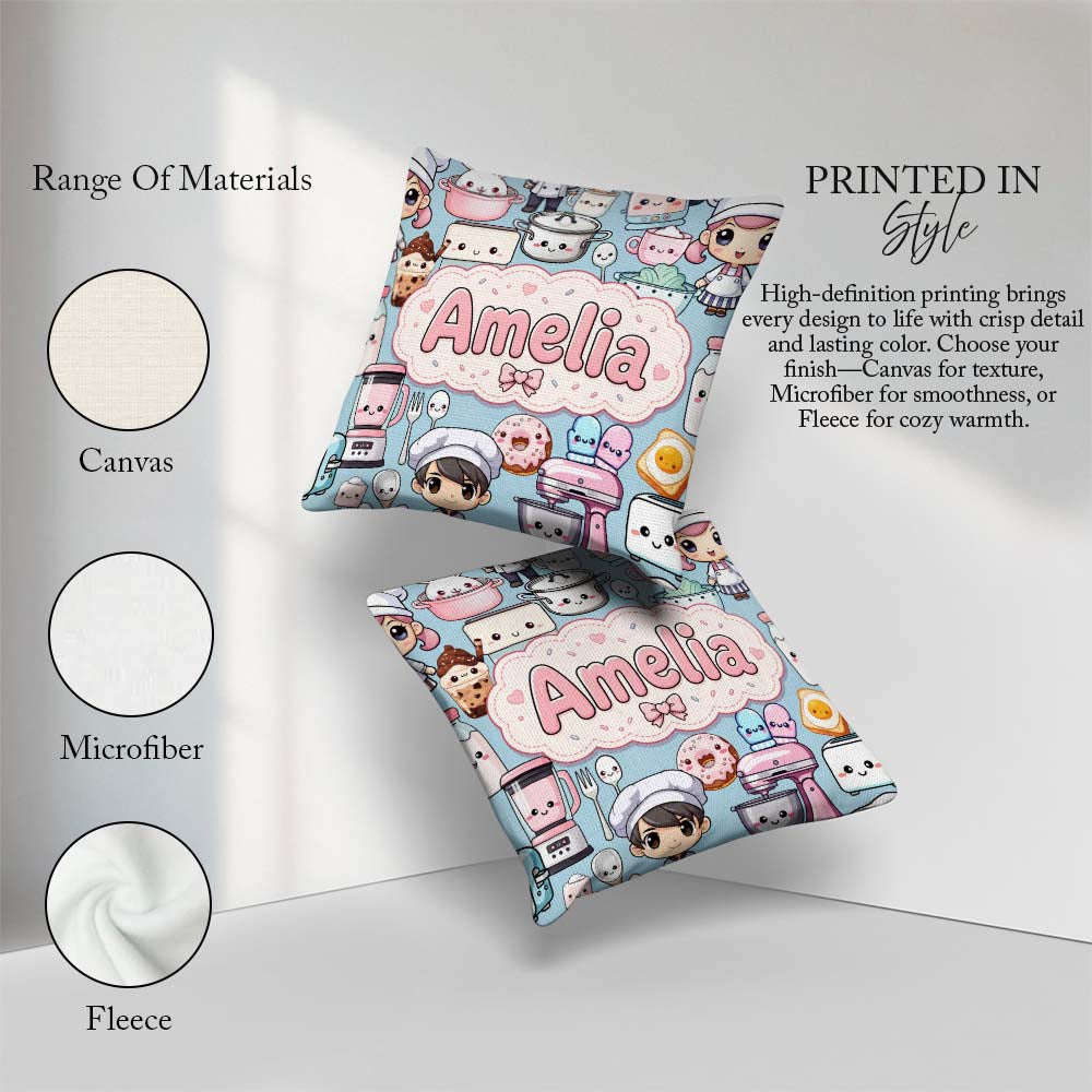 Custom Name Kawaii Baking Girl Mixer Utensils Blue Background Square Filled Cushion Throw Pillow Sofa Bed Home Decor Zip Washable UK Made