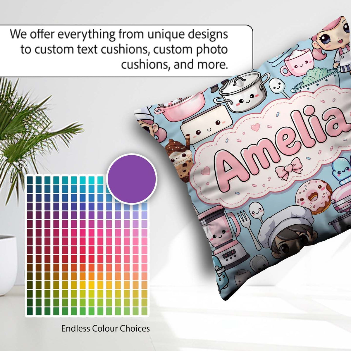 Custom Name Kawaii Baking Girl Mixer Utensils Blue Background Square Filled Cushion Throw Pillow Sofa Bed Home Decor Zip Washable UK Made