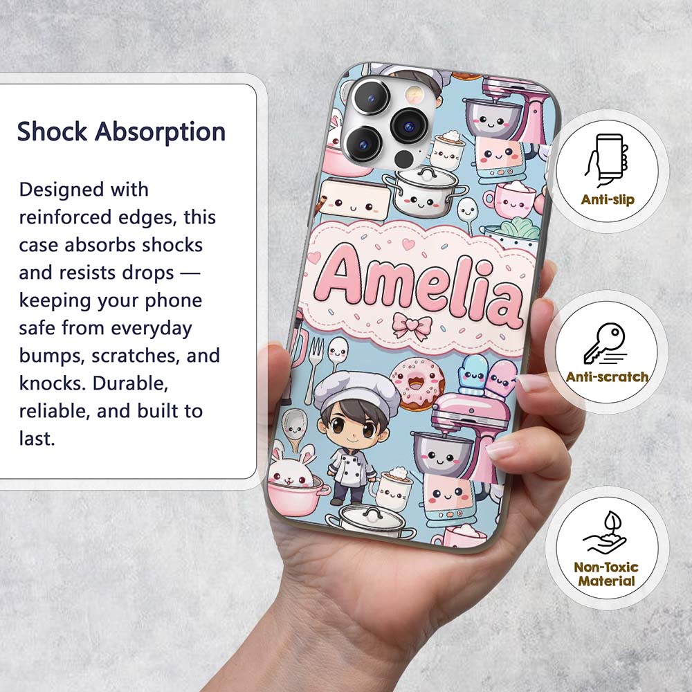 Cute Kawaii Baking Girl Mixer Printed Design Custom Name Protective Phone Case Mobile Cover Durable Everyday Smartphone Shock Resistant
