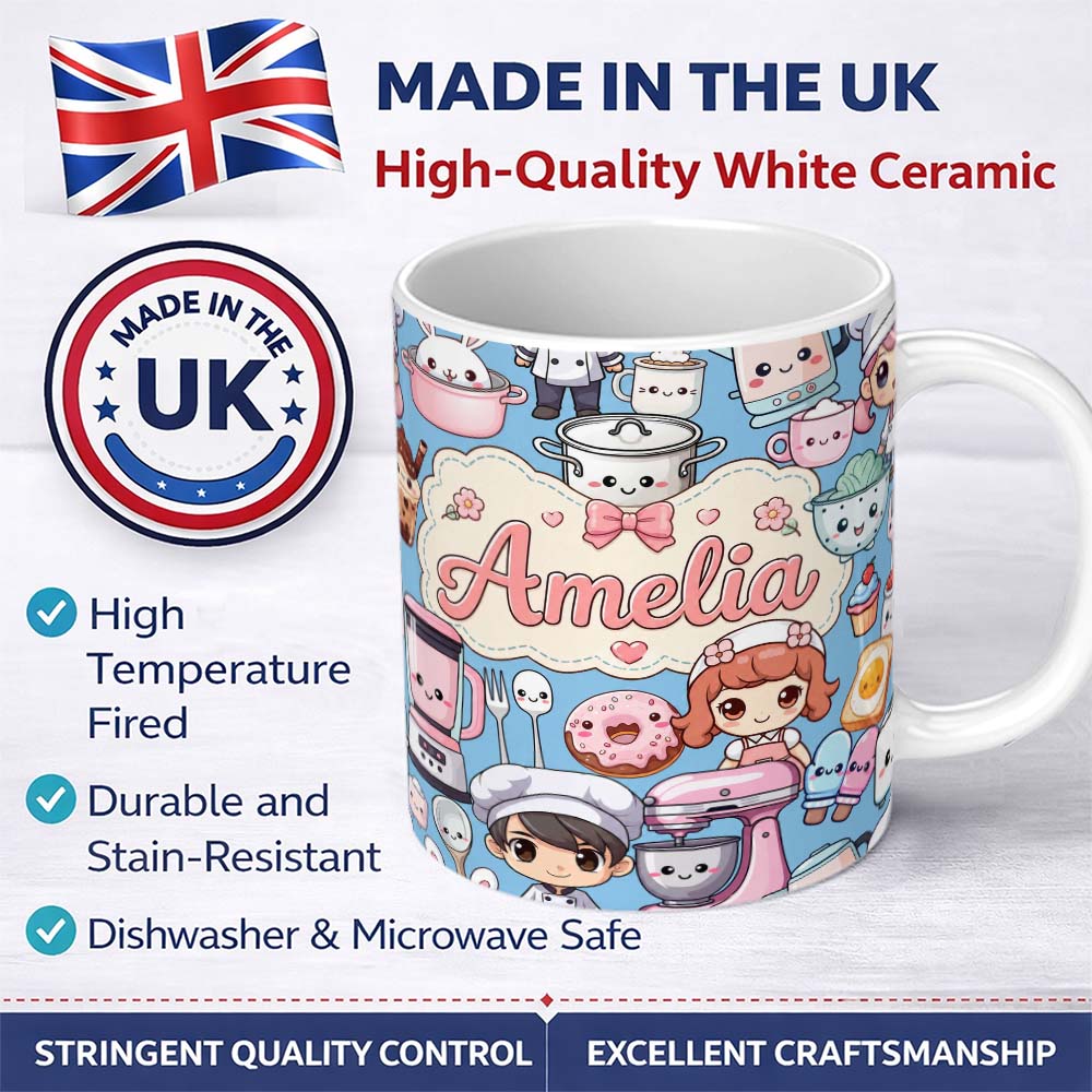 Personalized Custom Name Kawaii Baking Kitchen Girl Mixer Utensils Sky Blue Seamless Pattern 11oz Ceramic Coffee Tea Mug White Large Handle