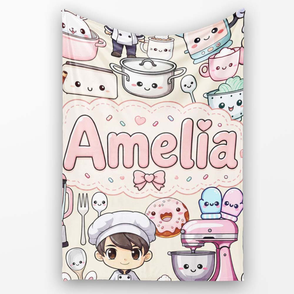 Cute Kawaii Baking Girl Appliances Utensils Cream Personalised Custom Name Super Soft Fleece Blanket Bed Sofa Throw