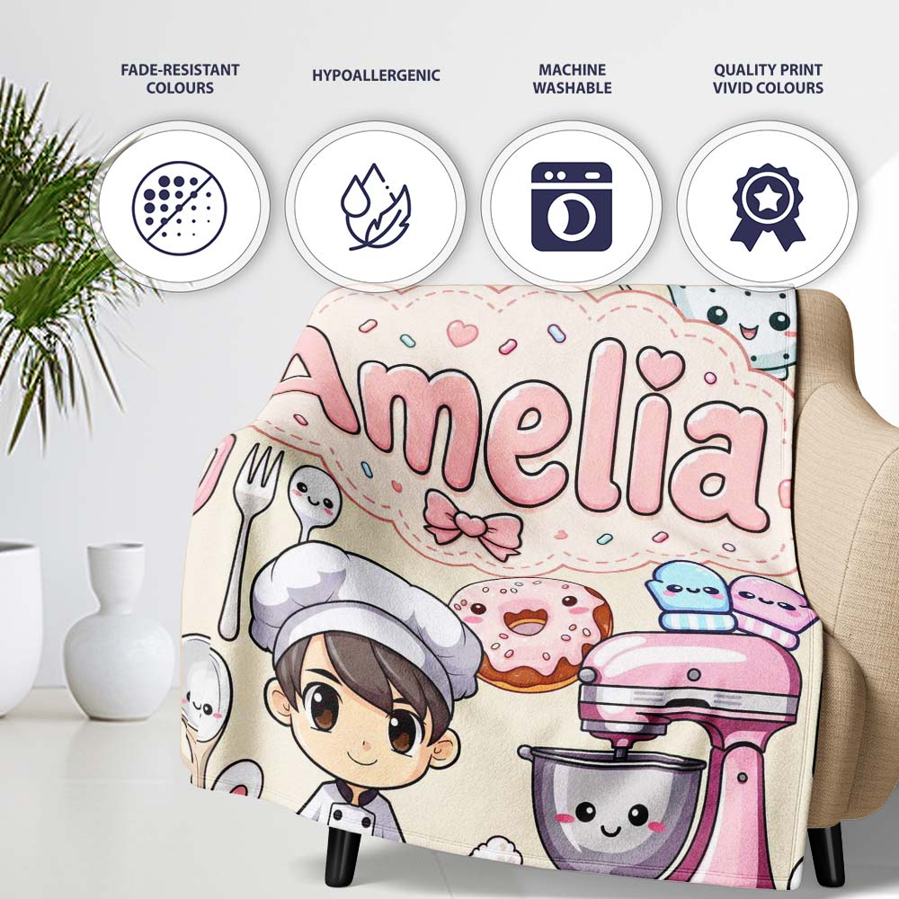Cute Kawaii Baking Girl Appliances Utensils Cream Personalised Custom Name Super Soft Fleece Blanket Bed Sofa Throw
