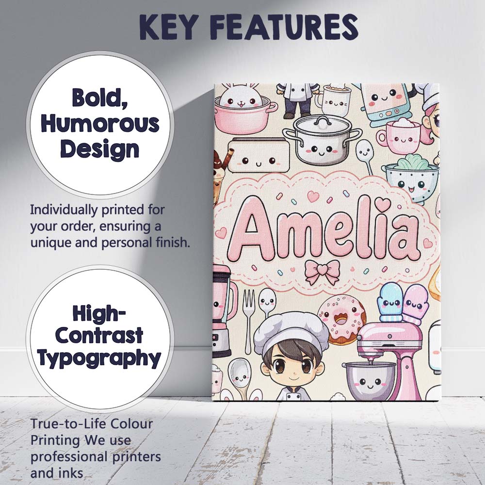 Personalised Name Cute Kawaii Baking Girl Custom Unique Gift Idea Elegant Feature Canvas Wall Art Print Decor Picture Ready to Hang