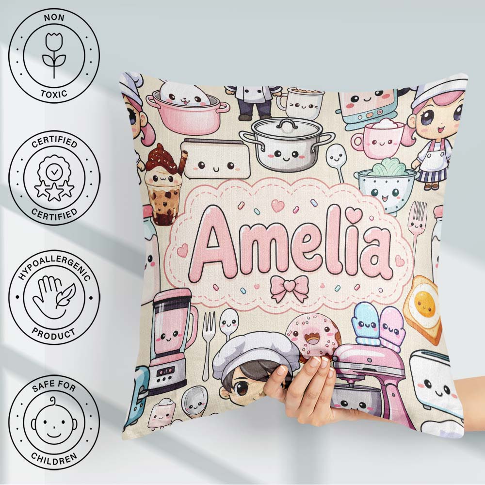 Custom Name Cute Kawaii Baking Girl Appliances Utensils Cream Square Filled Cushion Throw Pillow Sofa Bed Home Decor Zip Washable UK Made