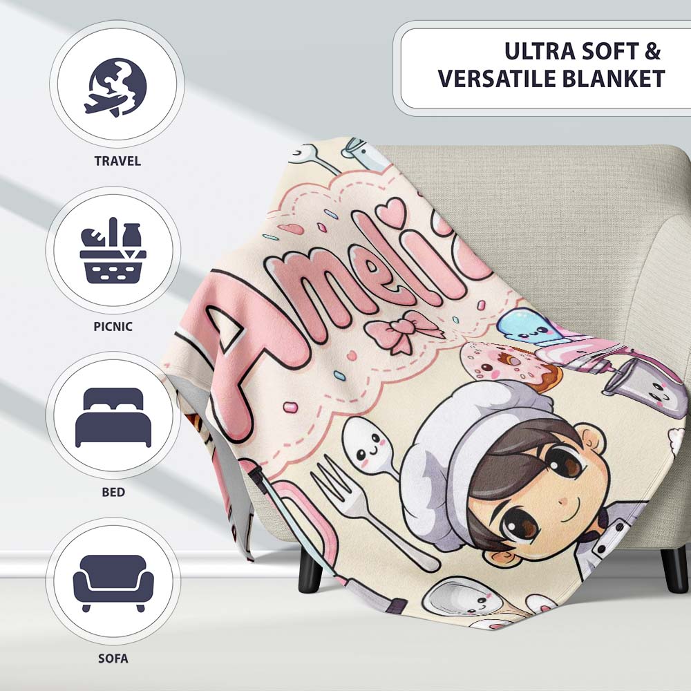 Cute Kawaii Baking Girl Appliances Utensils Cream Personalised Custom Name Super Soft Fleece Blanket Bed Sofa Throw