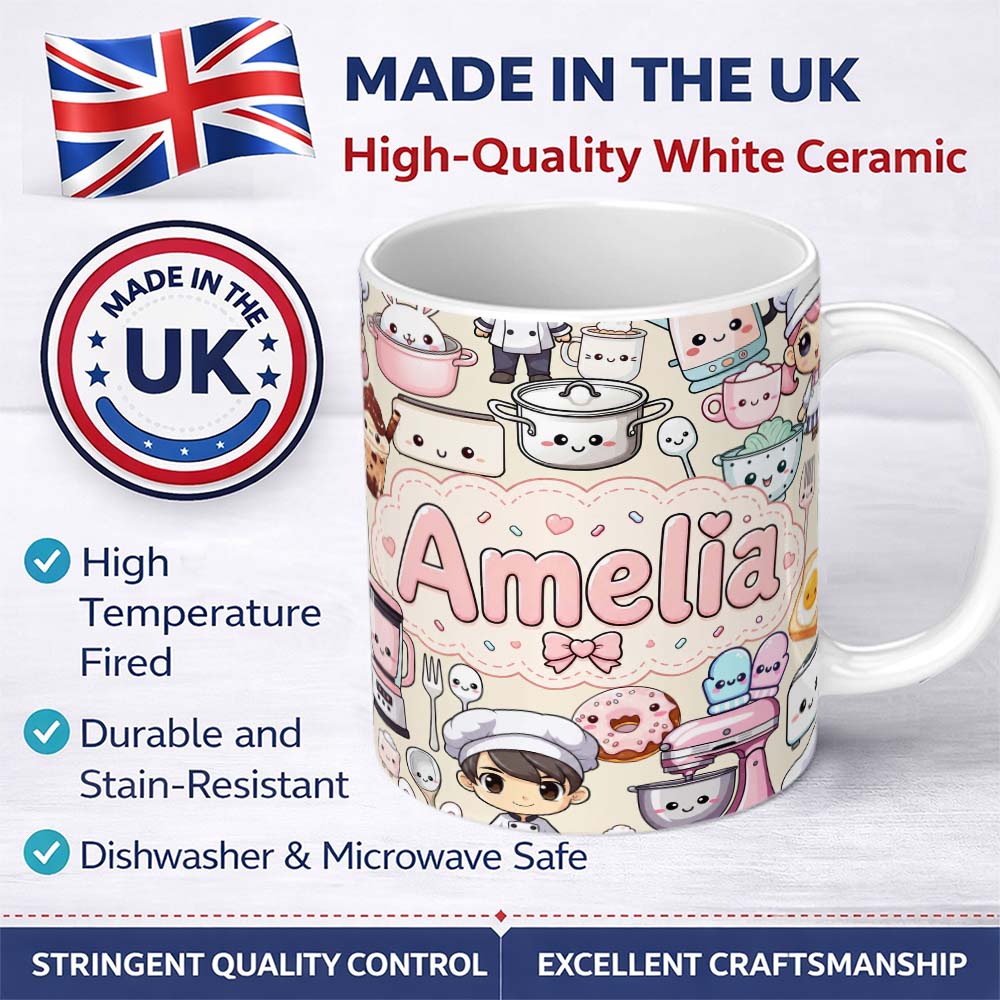 Personalized Custom Name Cute Kawaii Baking Girl Kitchen Appliances Utensils Cream 11oz Ceramic Coffee Tea Mug White Large Handle