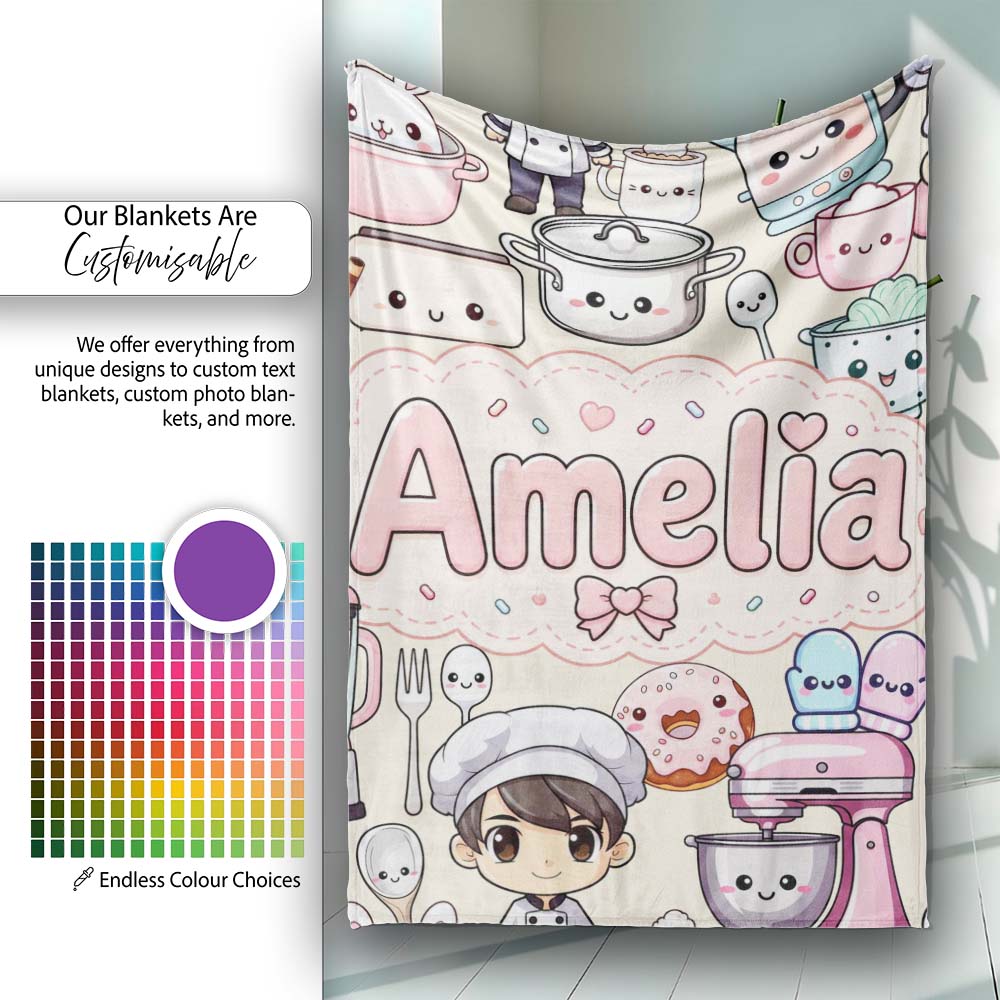 Cute Kawaii Baking Girl Appliances Utensils Cream Personalised Custom Name Super Soft Fleece Blanket Bed Sofa Throw