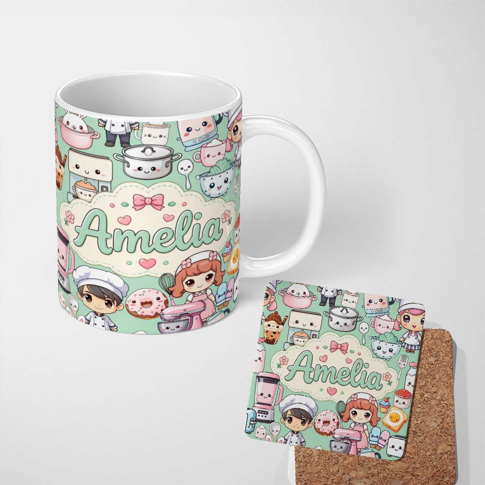 Personalized Custom Name Cute Kawaii Baking Girl Kitchen Appliances Utensils Mint Background 11oz Ceramic Coffee Tea Mug White Large Handle