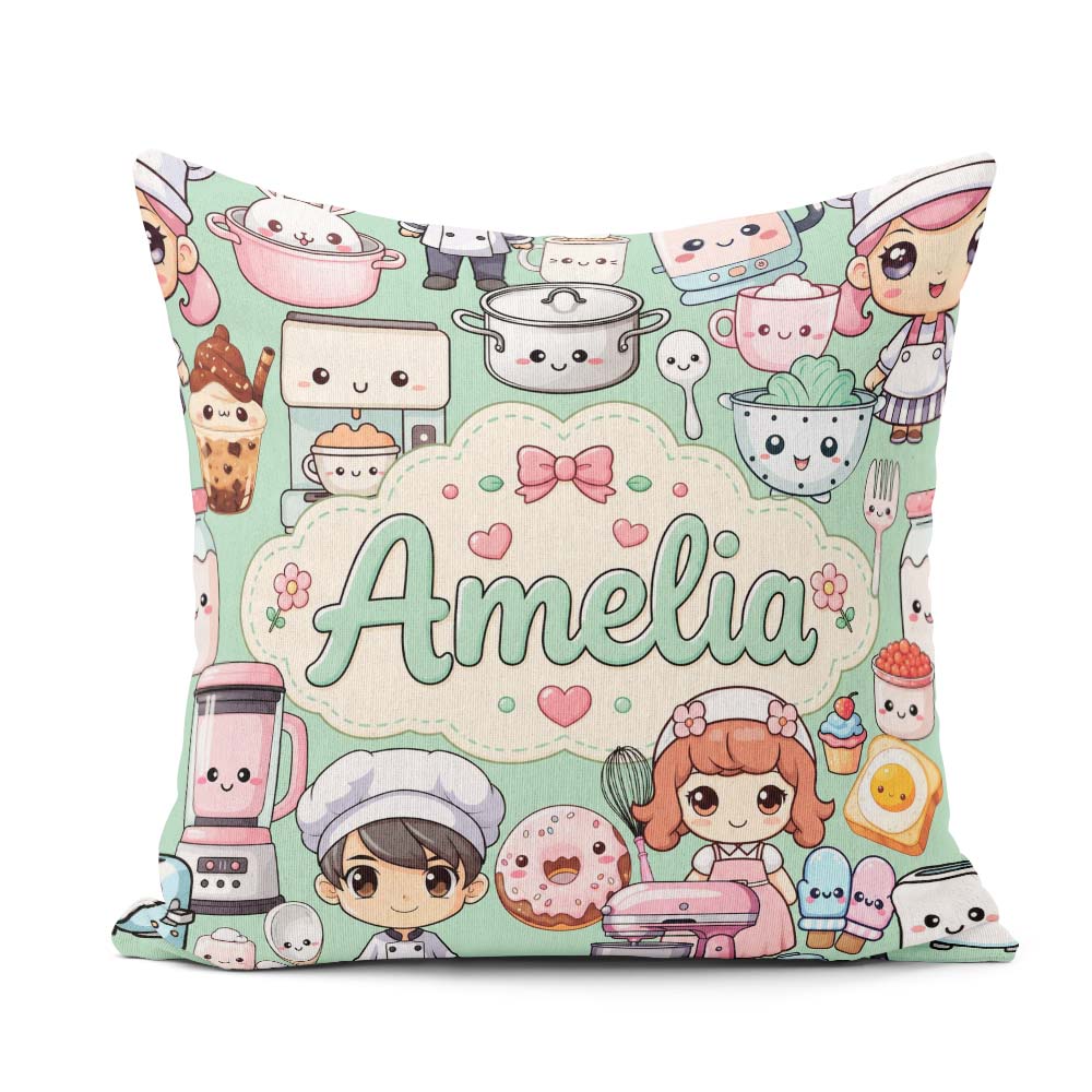 Custom Name Cute Kawaii Girl Appliances Utensils Mint Background Square Filled Cushion Throw Pillow Sofa Bed Home Decor Zip Washable UK Made