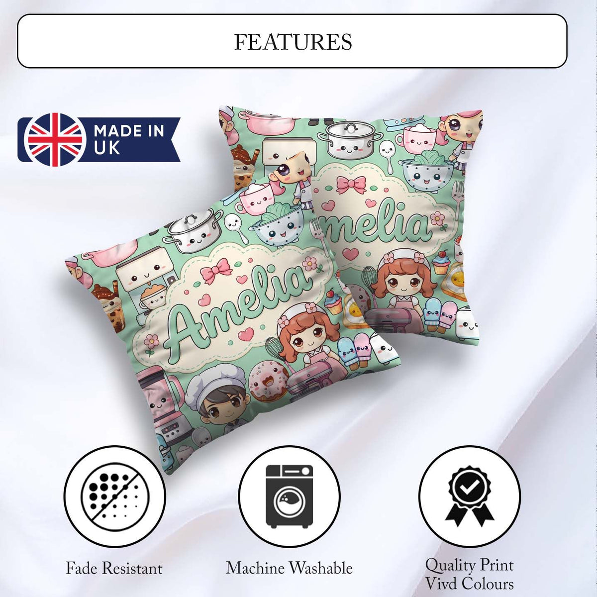 Custom Name Cute Kawaii Girl Appliances Utensils Mint Background Square Filled Cushion Throw Pillow Sofa Bed Home Decor Zip Washable UK Made
