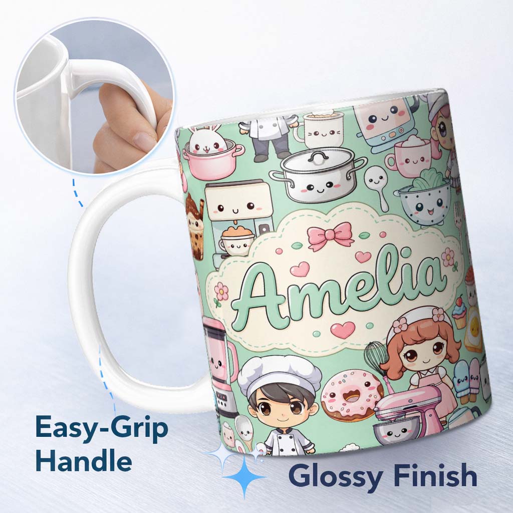 Personalized Custom Name Cute Kawaii Baking Girl Kitchen Appliances Utensils Mint Background 11oz Ceramic Coffee Tea Mug White Large Handle