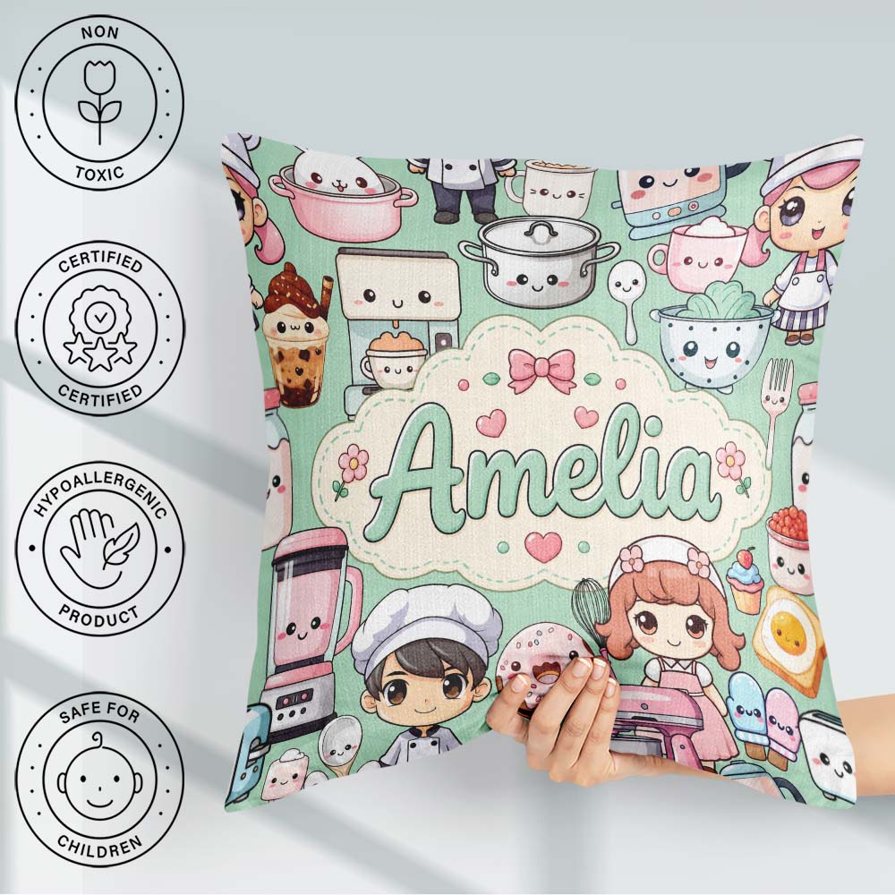 Custom Name Cute Kawaii Girl Appliances Utensils Mint Background Square Filled Cushion Throw Pillow Sofa Bed Home Decor Zip Washable UK Made