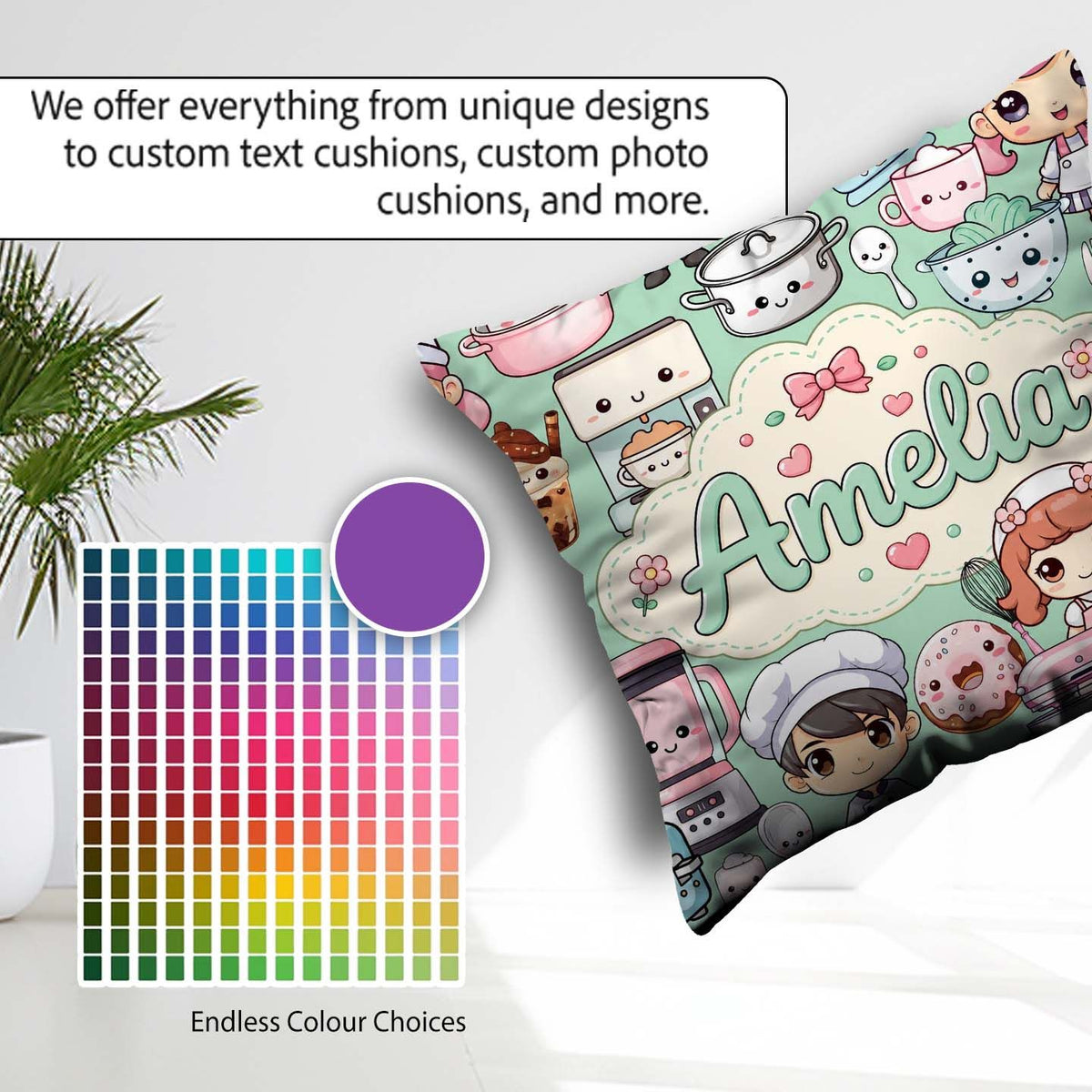Custom Name Cute Kawaii Girl Appliances Utensils Mint Background Square Filled Cushion Throw Pillow Sofa Bed Home Decor Zip Washable UK Made