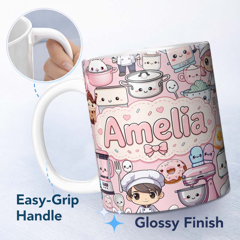 Personalized Custom Name Cute Kawaii Baking Girl Kitchen Appliances Utensils Soft Pink 11oz Ceramic Coffee Tea Mug White Large Handle